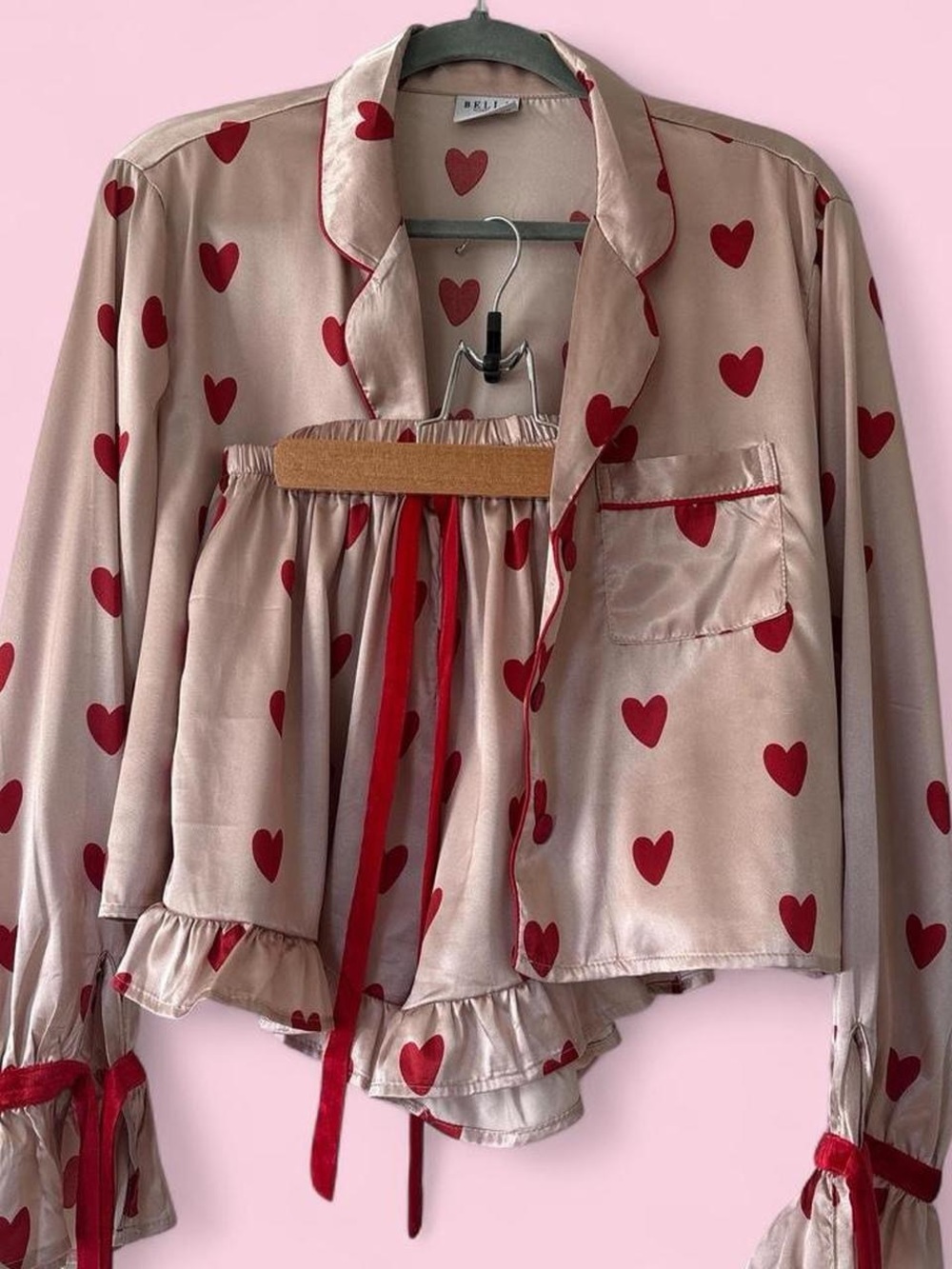 Bella Pink Satin Heart-Print Sleep Top with Red Hearts